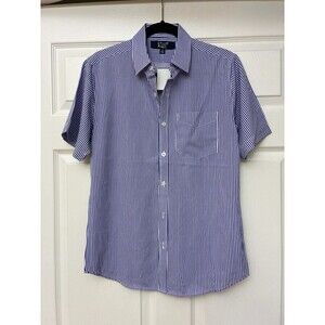 Lands' End Women;s Small Blue White Stripe Short Sleeve Button Down Shirt